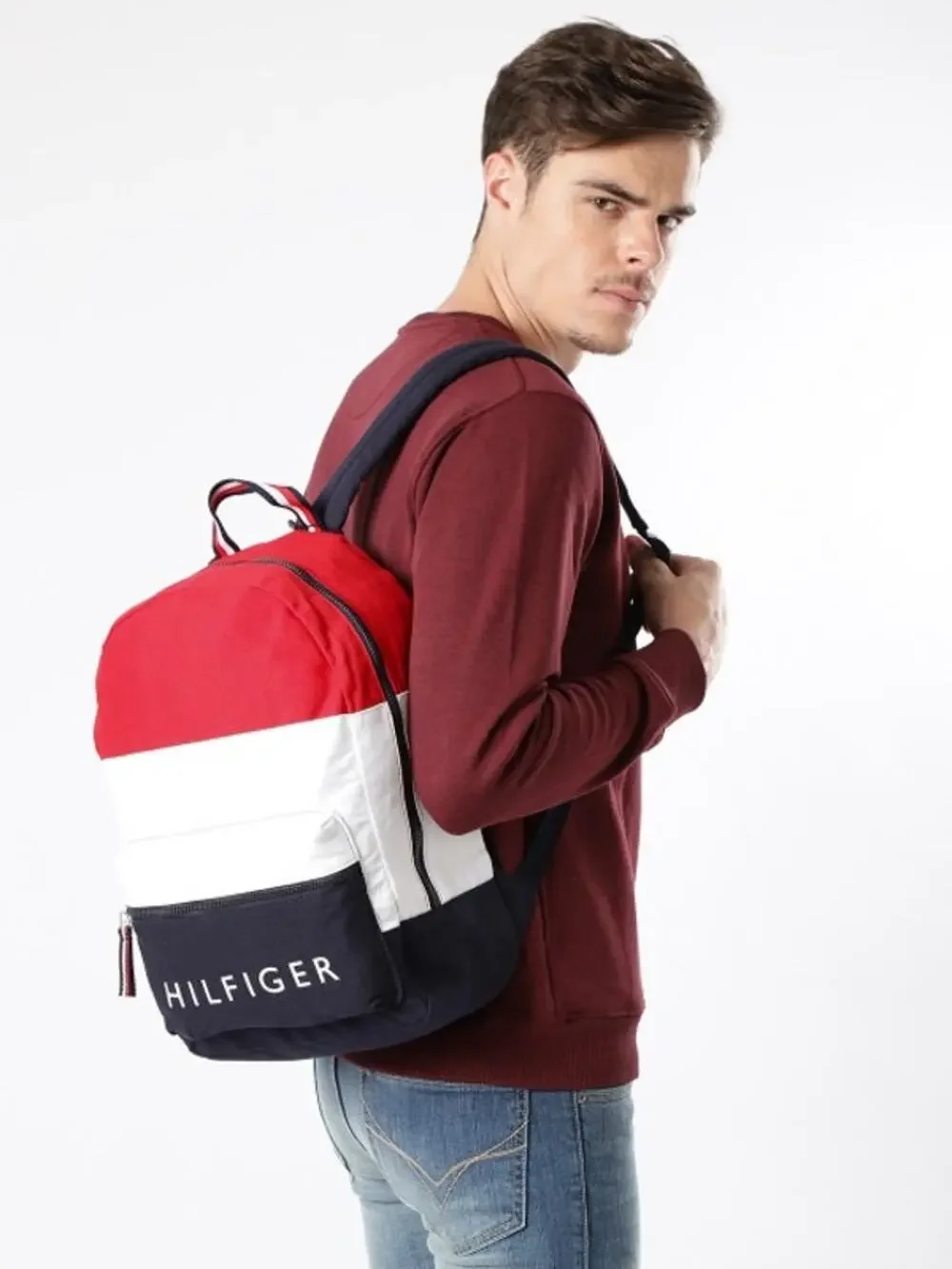 Tommy Hilfiger Red White Navy Colorblock Canvas Backpack Bookbag Y2K Retro U1-20